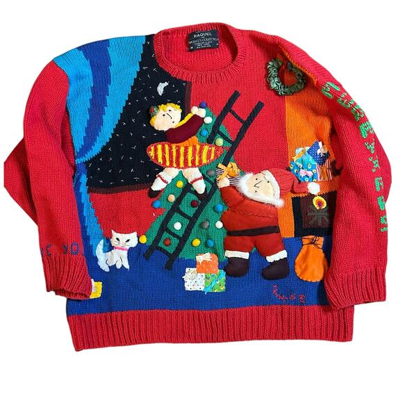 Vtg 90s 3D Christmas Sweater Sz Medium Novelty Kitsch Teacher Funky Eclectic - Picture 1 of 6
